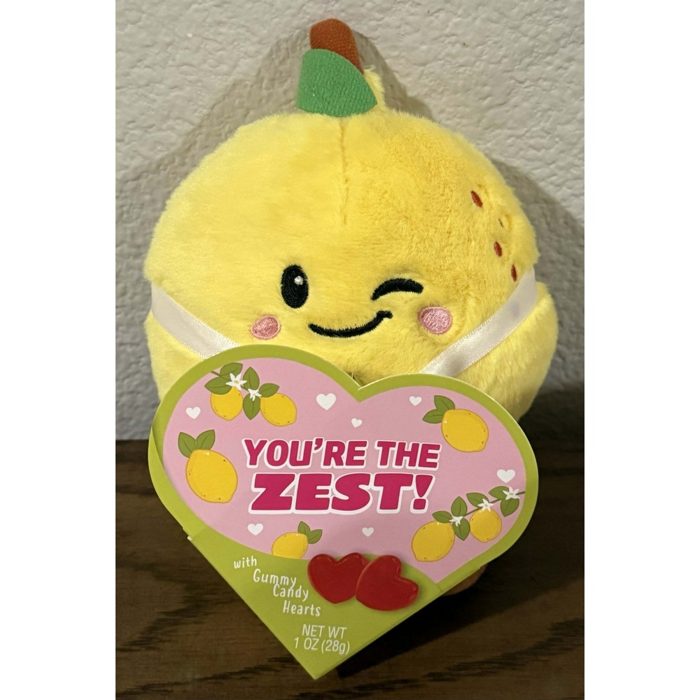 Frankford "You're the Zest" Lemon Stuffed Plush w Valentine Gummy Candy Hearts